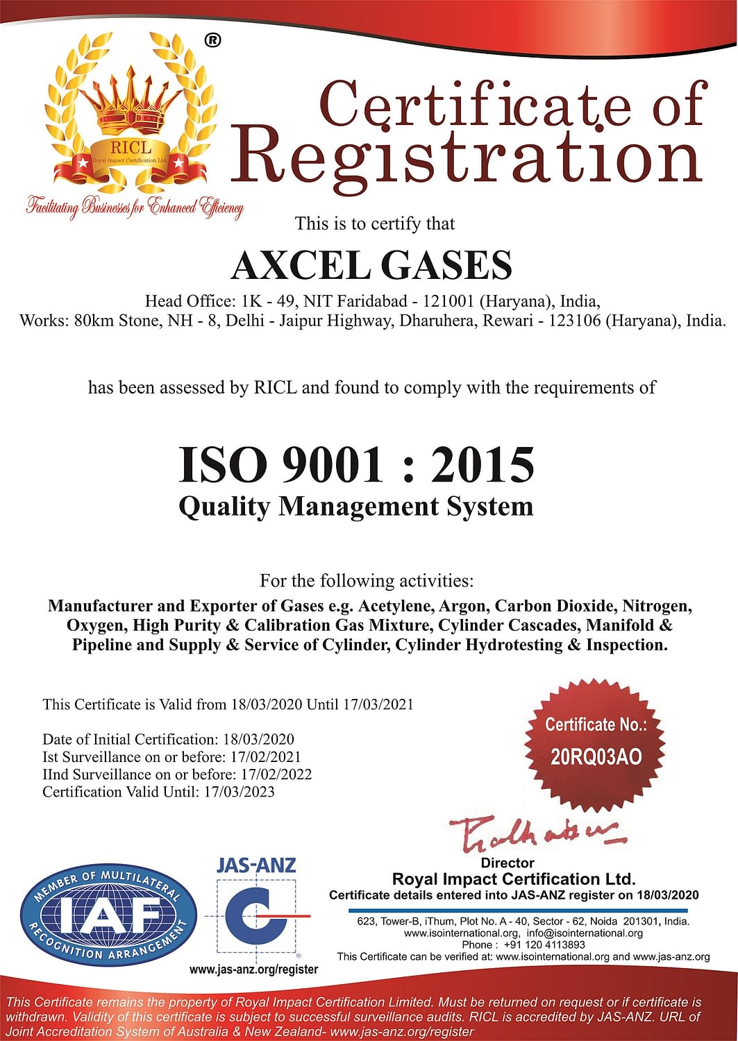 ISO Certificate - Axcel Gases